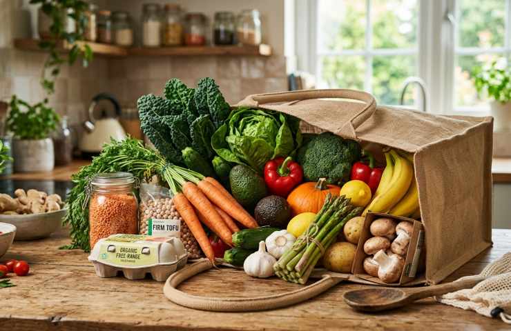 Un sacchetto di iuta traboccante di verdure fresche, tra cui carote, broccoli e peperoni rossi, posizionato su un tavolo di legno in una cucina luminosa. Accanto al sacchetto si trovano uova biologiche, tofu e barattoli di lenticchie e ceci. La scena trasmette freschezza e un'alimentazione sana.