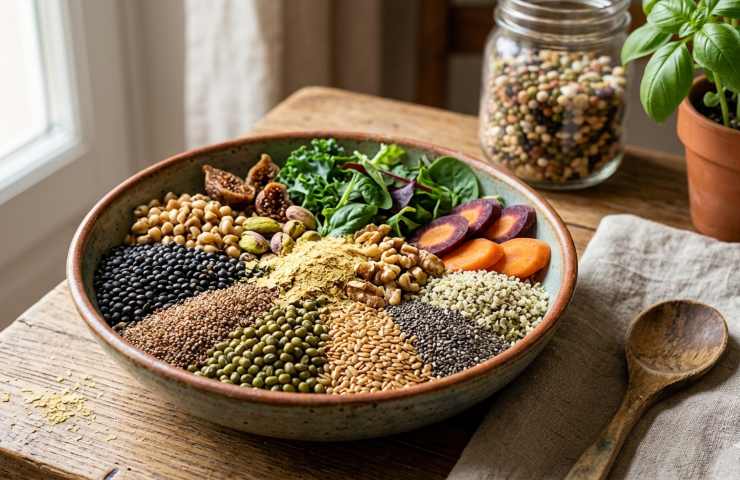 Composizione di ingredienti vegetali integri per il Fiber-maxxing: bowl con legumi neri, cereali antichi come teff e sorgo, semi di chia, mirtilli freschi e verdure Root-to-Stem per la salute intestinale.