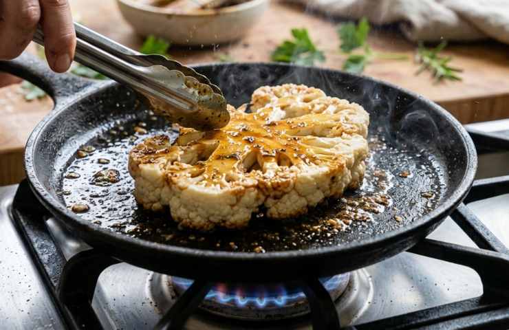 Bistecca di cavolfiore sfrigolante in padella mentre viene girata con le pinze da cucina per una doratura perfetta.