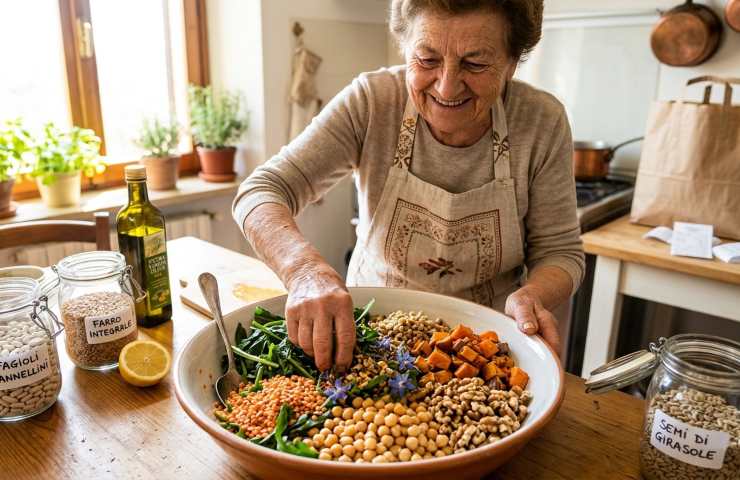Anziana prepara ciotola Dieta Mediterranea 2.0 con ingredienti freschi, legumi, cereali e verdure in cucina luminosa: cibo sano, sostenibile e risparmio spesa.