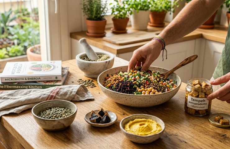 Preparazione di una bowl vegetariana ricca di fibre con tempeh, legumi e semi, ideale per il benessere intestinale e il fibermaxxing.