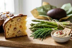 Fetta di Colomba vegana soffice con mandorle, asparagi freschi, agretti e spalmabile di anacardi fermentati su tagliere di legno, luce naturale.