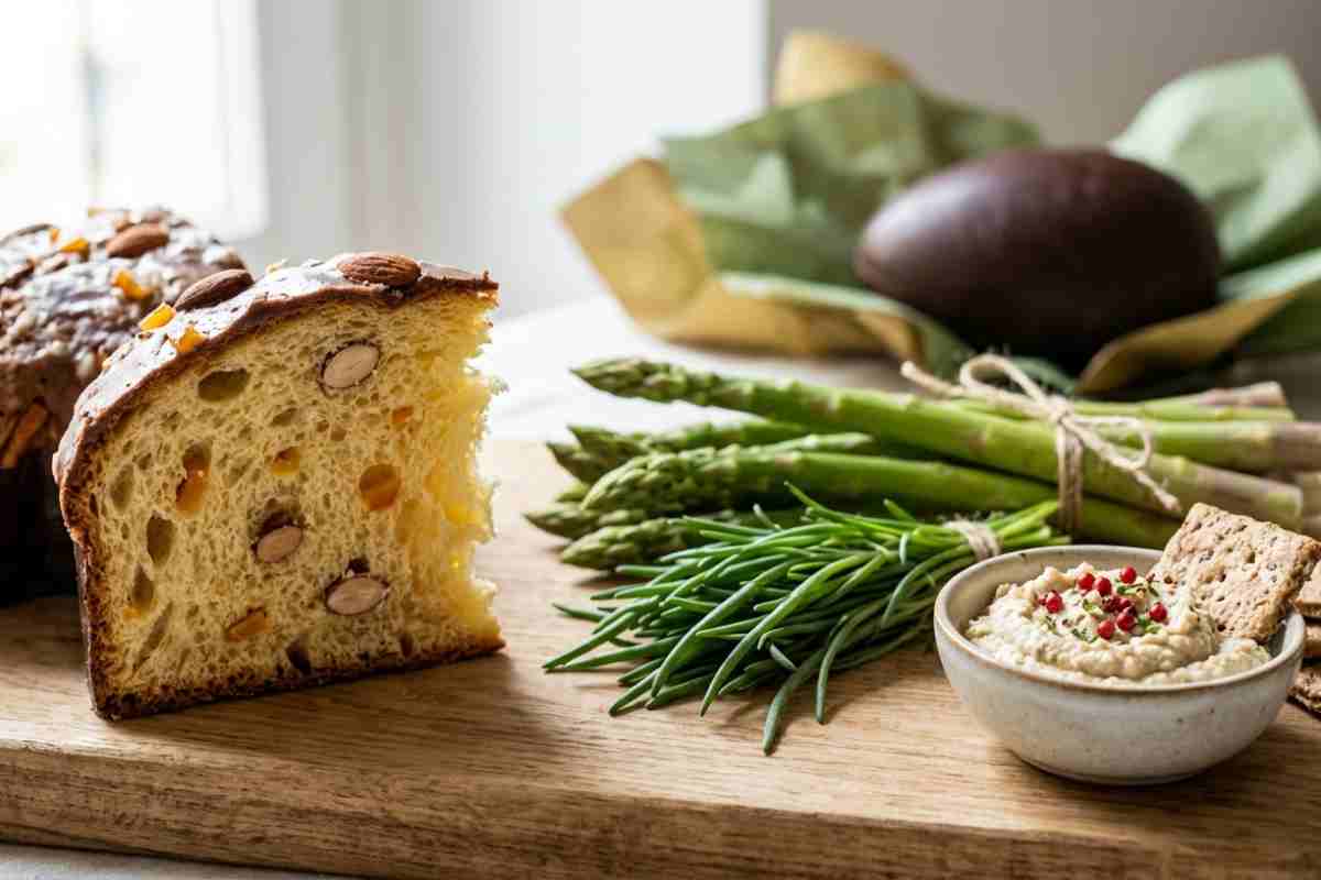 Fetta di Colomba vegana soffice con mandorle, asparagi freschi, agretti e spalmabile di anacardi fermentati su tagliere di legno, luce naturale.