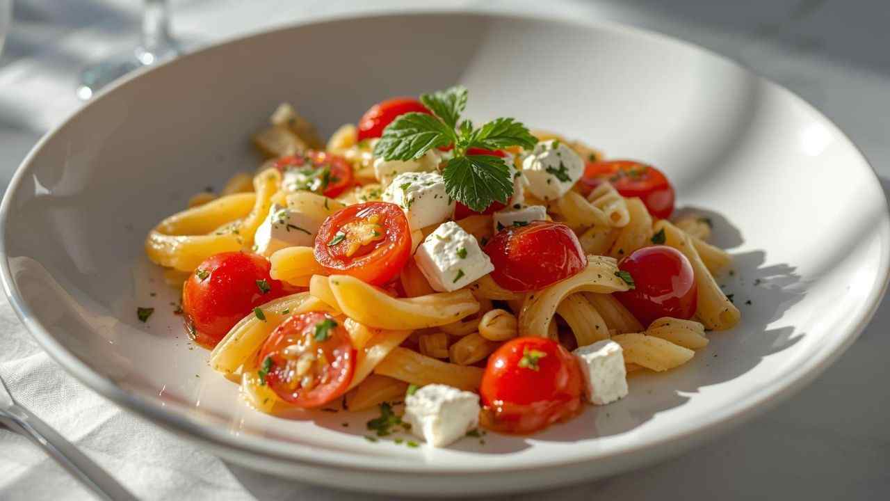 Pasta fredda mediterranea con feta e pomodorini cattolicivegetariani.it