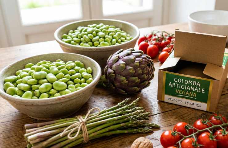 Ingredienti freschi primaverili e Colomba artigianale vegana su tavola di legno per Pasqua.