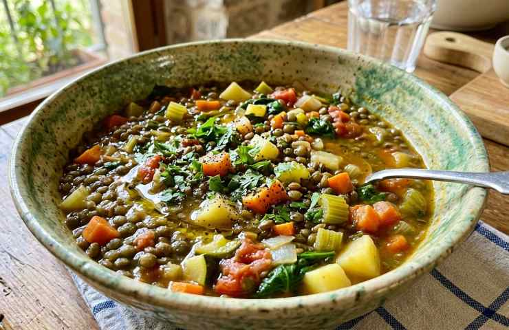 Minestra in un piatto profondo con un cucchiaio ed un bicchiere dietro su tavola.