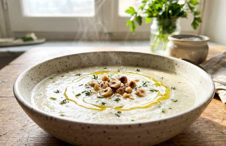 Zuppa cremosa di radici con nocciole e timo in una ciotola di ceramica, illuminata dalla luce naturale.