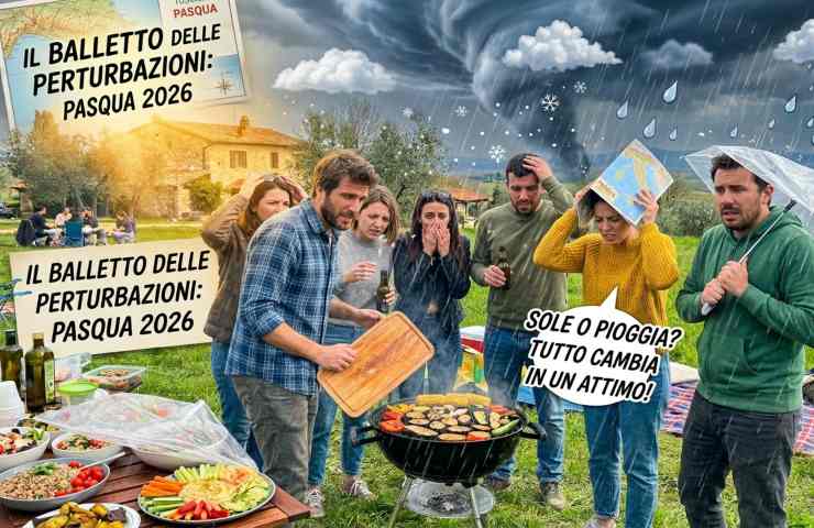 Grafica satirica sulle previsioni meteo instabili per Pasqua 2026, con amici sorpresi dalla pioggia e dalla neve durante una grigliata all'aperto. Include il testo 'Il balletto delle perturbazioni'.