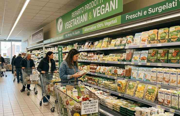 Inquadratura luminosa e realistica di un corridoio del supermercato con cartelli 'Spesa Pasqua 2026: Zero Carne' e prodotti vegetariani MDD economici per un menu gourmet, in Italia.