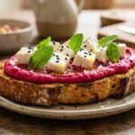 Bruschetta vegetariana gourmet con hummus di barbabietola e feta.