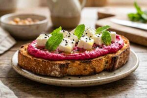 Bruschetta vegetariana gourmet con hummus di barbabietola e feta.