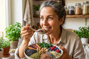 Ritratto ravvicinato di una donna sorridente in cucina mentre assaggia una bowl colorata ricca di fibre prebiotiche: si distinguono legumi neri, cereali antichi, semi di chia e mirtilli per la salute intestinale e il Fiber-maxxing.