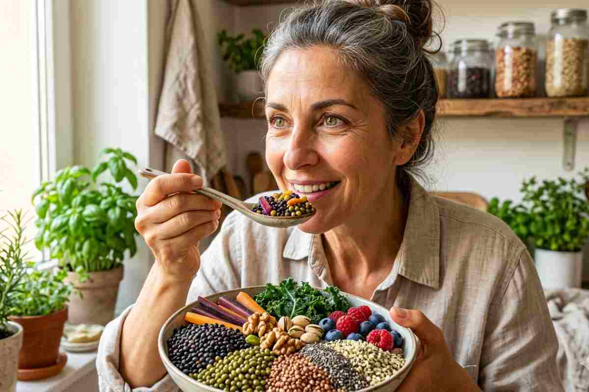 Ritratto ravvicinato di una donna sorridente in cucina mentre assaggia una bowl colorata ricca di fibre prebiotiche: si distinguono legumi neri, cereali antichi, semi di chia e mirtilli per la salute intestinale e il Fiber-maxxing.