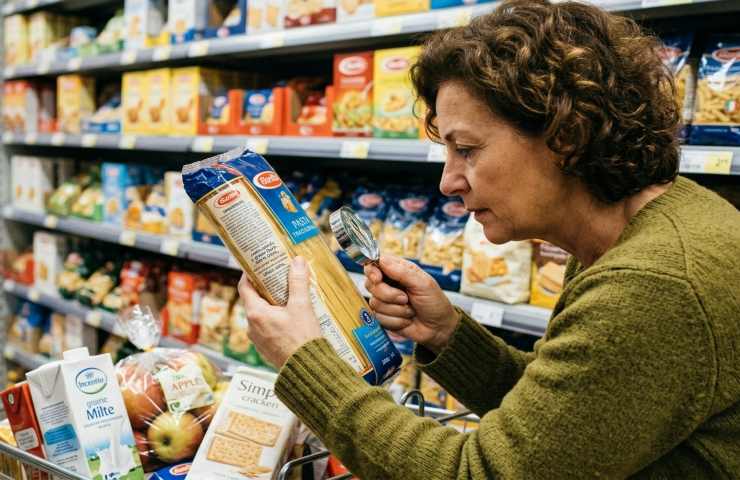 Donna esamina con una lente d'ingrandimento l'etichetta degli ingredienti di un pacco di pasta in un supermercato per trovare prodotti della spesa vegana accidentale senza uova o latte.