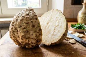 Sedano rapa tagliato a metà su un tagliere di legno in cucina: come pulire e cucinare la radice per ricette gourmet.