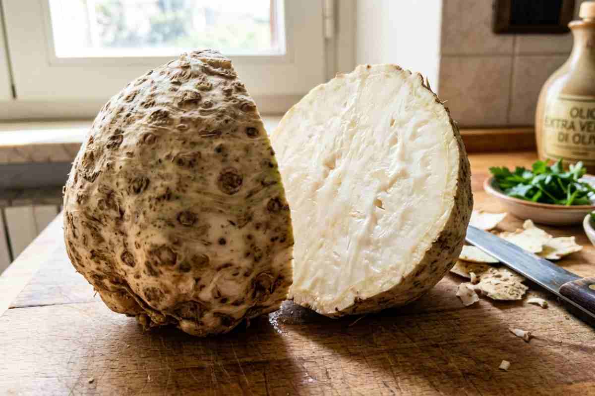 Sedano rapa tagliato a metà su un tagliere di legno in cucina: come pulire e cucinare la radice per ricette gourmet.