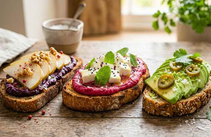 3 bruschette gourmet vegetariane: gorgonzola pere, barbabietola feta, avocado.