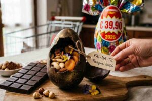Uovo di Pasqua fai da te con frutta secca, mandorle, albicocche e tavoletta di cioccolato su tagliere di legno. In secondo piano uovo confezionato con prezzo 39,90€ e carrello spesa per Pasqua 2026.