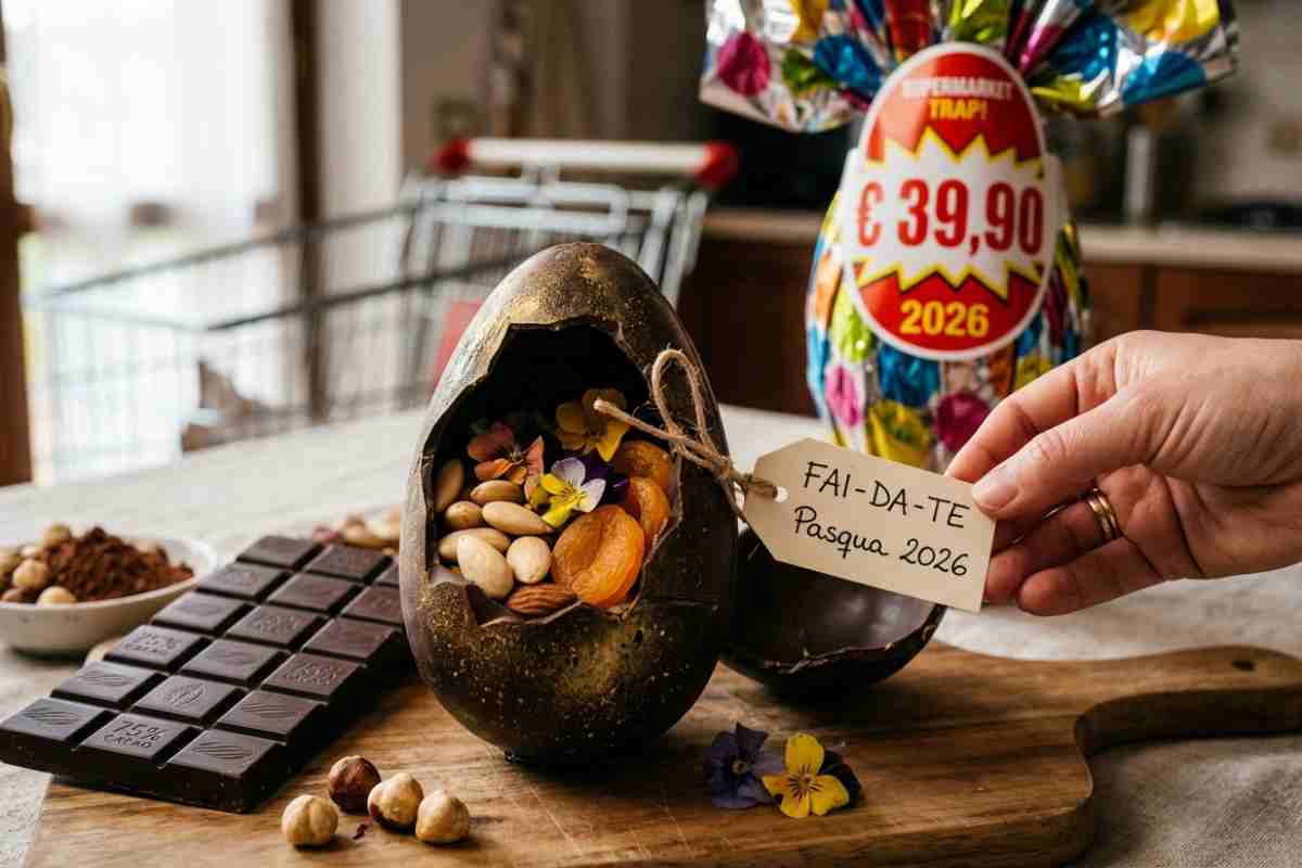 Uovo di Pasqua fai da te con frutta secca, mandorle, albicocche e tavoletta di cioccolato su tagliere di legno. In secondo piano uovo confezionato con prezzo 39,90€ e carrello spesa per Pasqua 2026.