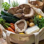 Una spesa vegetariana con ingredienti freschi e funghi pleurotus-tofu e legumi.