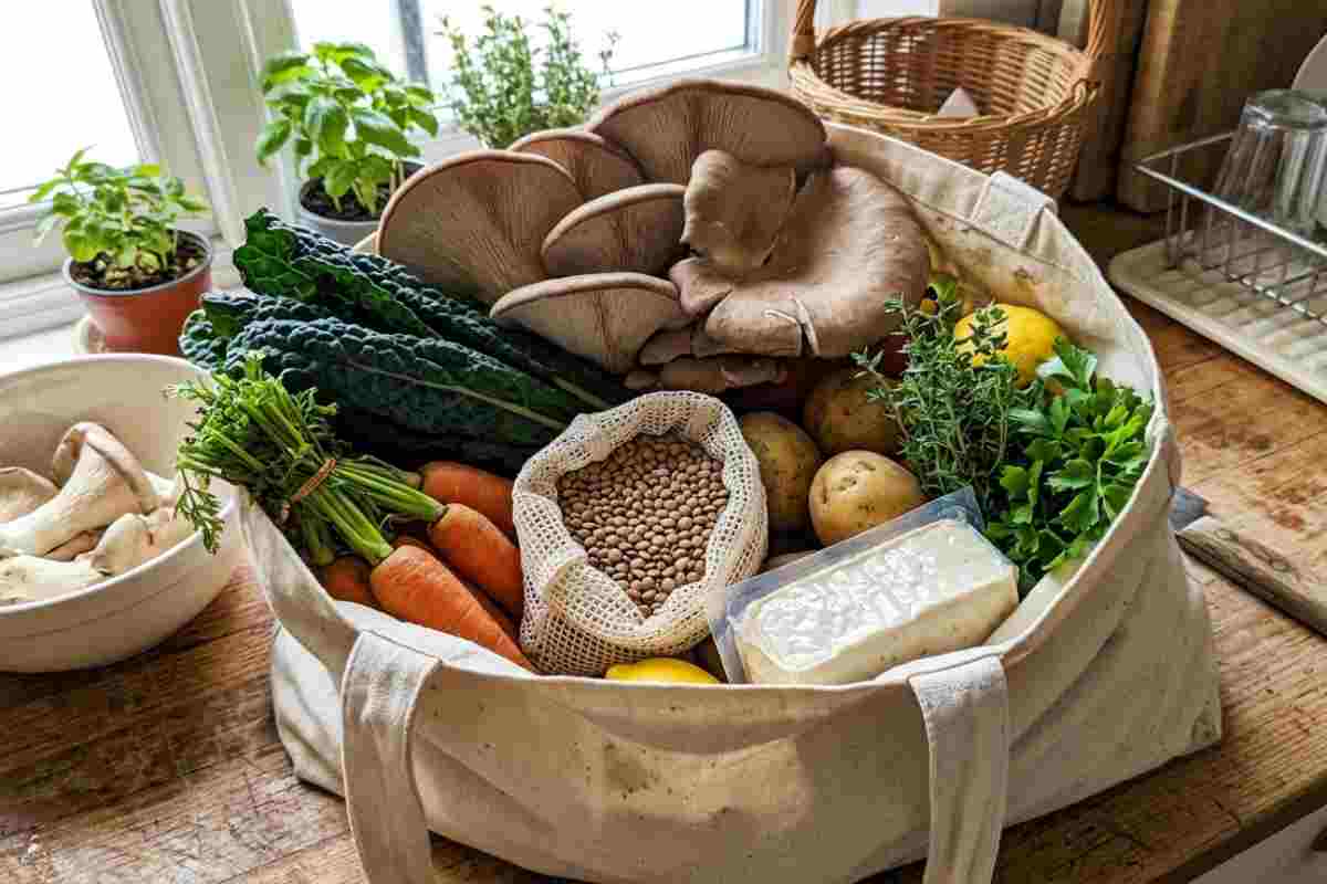 Una spesa vegetariana con ingredienti freschi e funghi pleurotus-tofu e legumi.