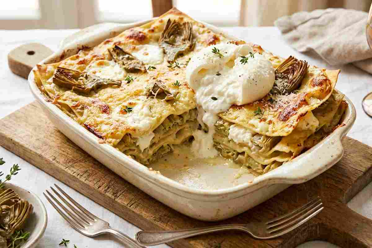 Lasagna bianca carciofi e burrata: ricetta vegetariana cremosa per Pasqua.