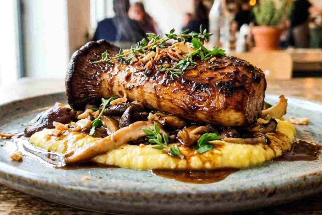 Primo piano di un fungo Cardoncello grigliato con glassa umami vegetale su crema di polenta in un ristorante moderno, scatto realistico di cucina plant-forward ad alto contrasto.