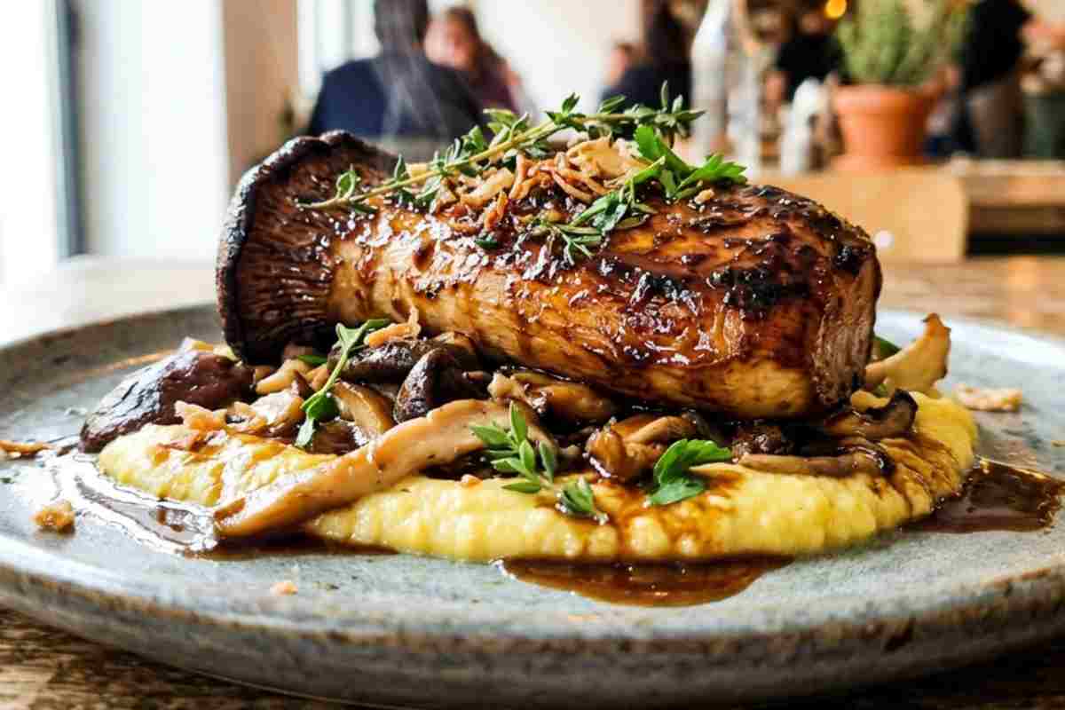 Primo piano di un fungo Cardoncello grigliato con glassa umami vegetale su crema di polenta in un ristorante moderno, scatto realistico di cucina plant-forward ad alto contrasto.