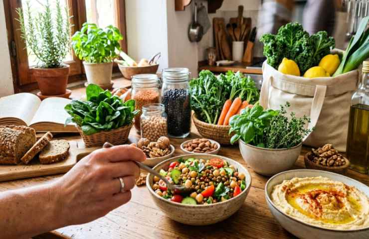 Insalata di lenticchie e ceci, hummus e legumi secchi in barattoli su tavolo in legno.