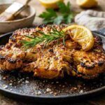 Bistecca di cavolfiore arrosto croccante e dorata in padella con rosmarino e limone.