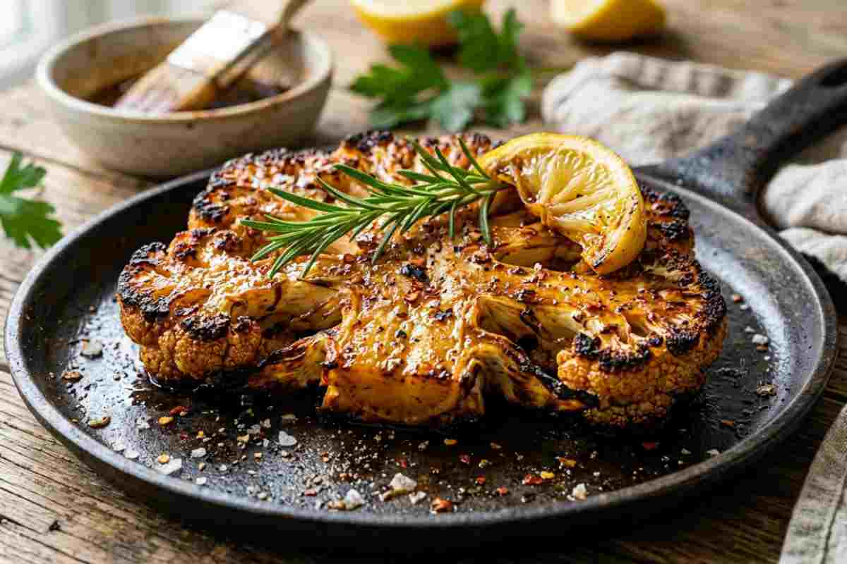 Bistecca di cavolfiore arrosto croccante e dorata in padella con rosmarino e limone.