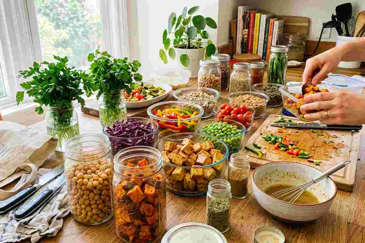 Reverse Meal Prep: assemblaggio veloce di un pasto vegetariano colorato e proteico.