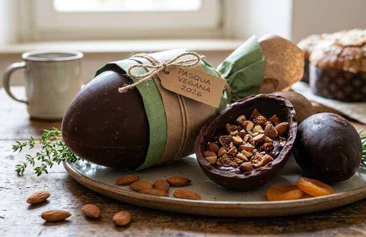 Tre uova di Pasqua vegane artigianali di cioccolato fondente con decorazioni naturali, avvolte in carta ecosostenibile su un tavolo di legno.