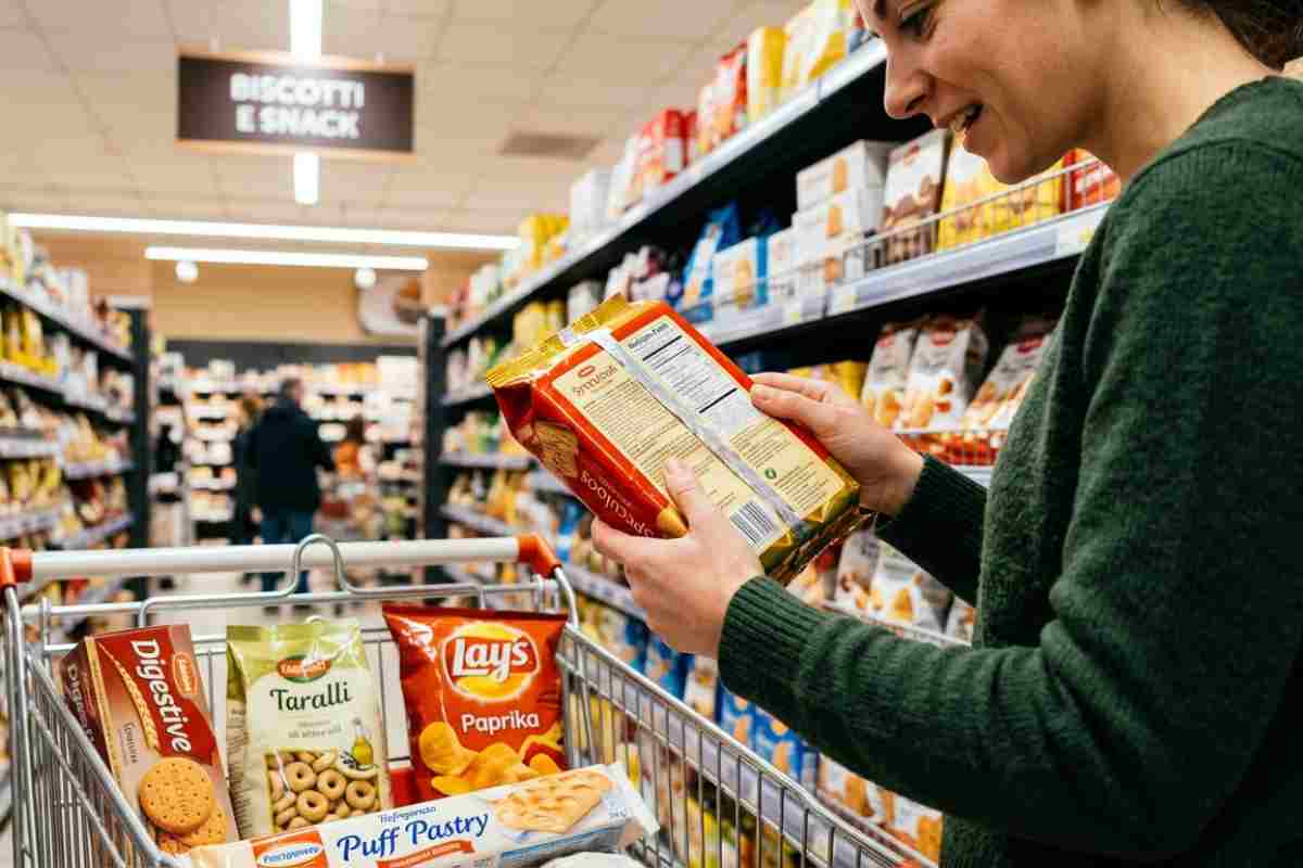 Donna che legge l'etichetta di biscotti Speculoos in un supermercato italiano con carrello pieno di prodotti della spesa vegana accidentale come taralli, patatine alla paprika e pasta sfoglia.