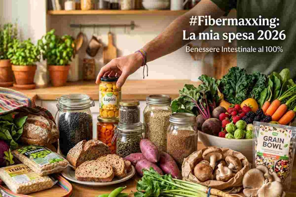 Un'abbondante spesa vegetariana sul tavolo: barattoli di lupini e lenticchie, tempeh, pane integrale, patate viola e verdure fresche per il benessere intestinale.