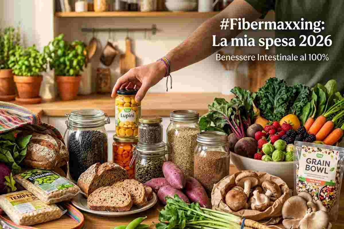 Un'abbondante spesa vegetariana sul tavolo: barattoli di lupini e lenticchie, tempeh, pane integrale, patate viola e verdure fresche per il benessere intestinale.