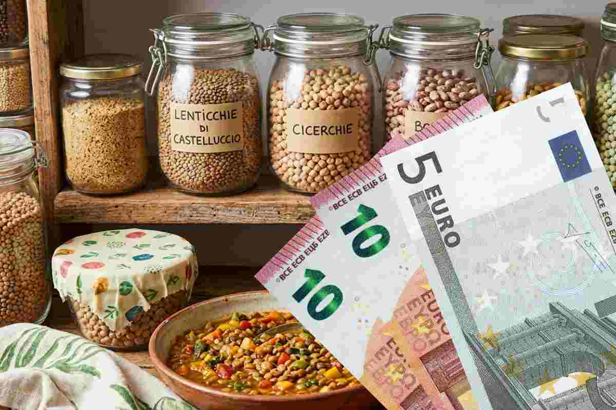 Dispensa vegetariana con legumi secchi e zuppa fatta in casa: guida alla spesa strategica anti-spreco e al risparmio intelligente.