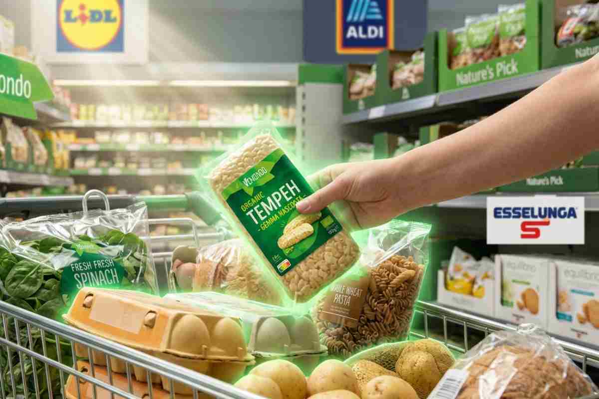 Carrello della spesa vegetariana da Lidl, Aldi ed Esselunga con confezione di Tempeh che brilla come gemma.
