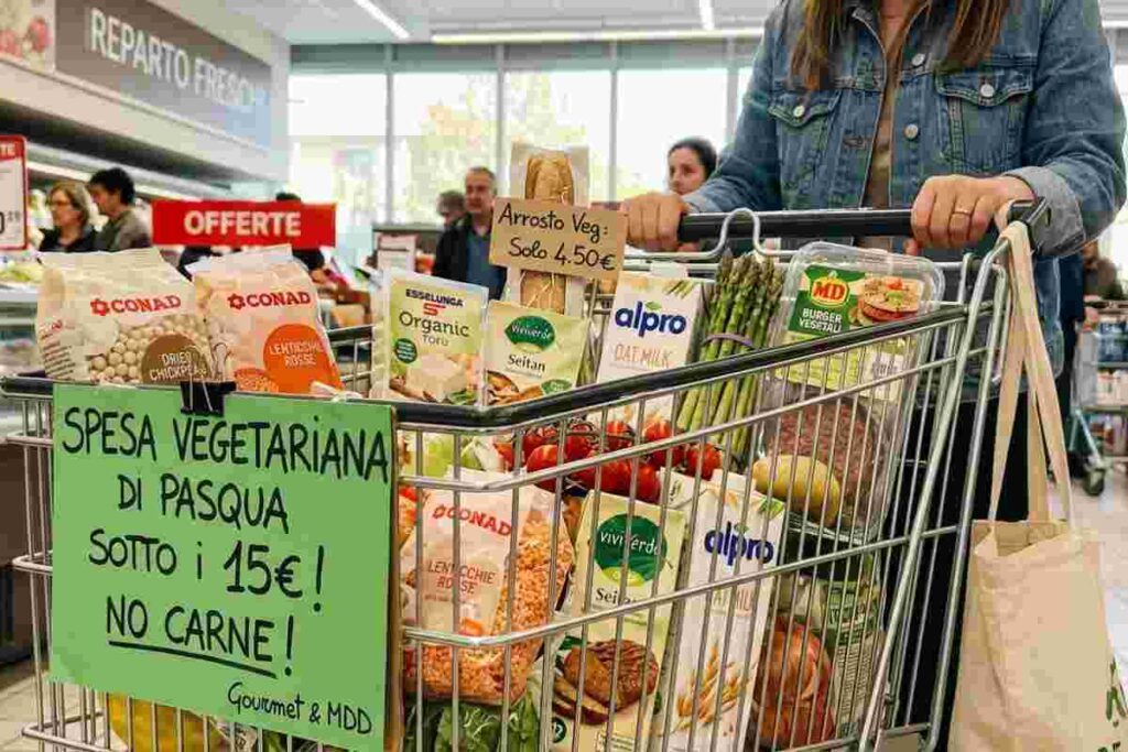 Donna spinge un carrello della spesa vegetariana di Pasqua 2026 con prodotti MDD e cartello spesa sotto i 15 euro nel reparto freschi del supermercato.