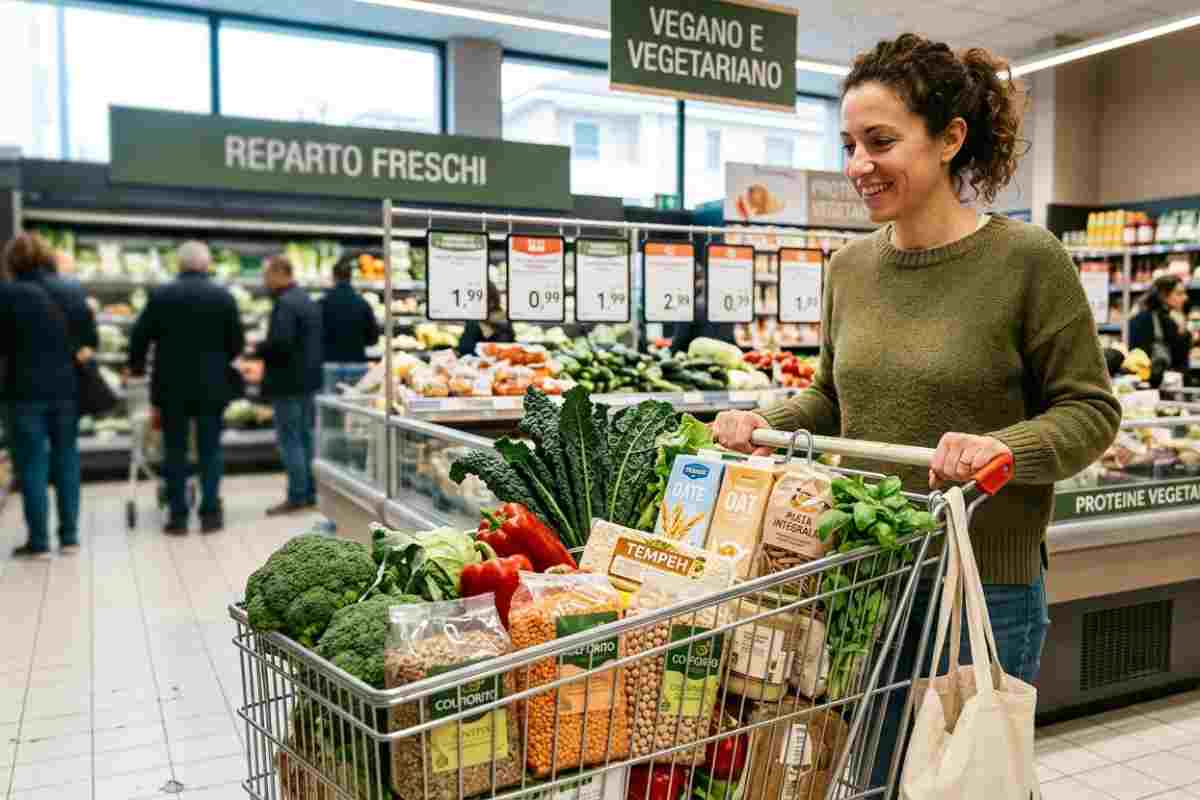Donna sorridente spinge carrello pieno di spesa vegetariana e vegana fresca nel reparto ortofrutta del supermercato.