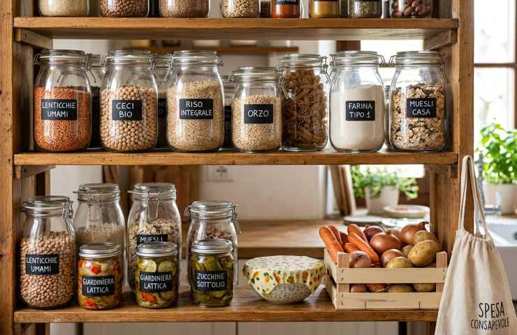 Dispensa smart zero waste 2026: barattoli di vetro etichettati, verdure fresche e borsa di tela per spesa sostenibile.
