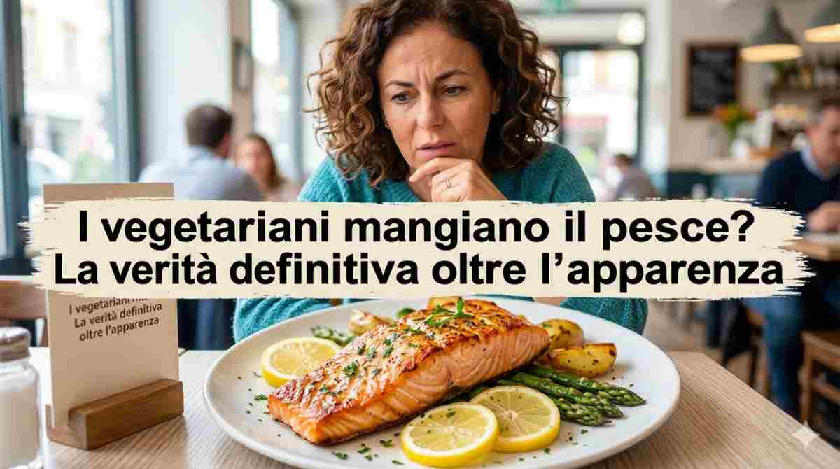 Donna dubbiosa al ristorante davanti a un piatto di salmone grigliato, con la scritta: 'I vegetariani mangiano il pesce?