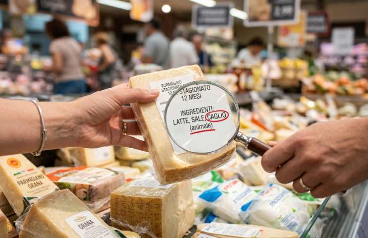 Mano con lente d'ingrandimento che evidenzia la scritta 'CAGLIO' sull'etichetta di un formaggio al supermercato.